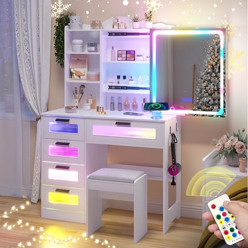 Vanity Desk with Mirror and Lights, RGB LED Makeup Vanity Desk with Charging Station, Vanity Table with Stool & Sliding Touch Mirror