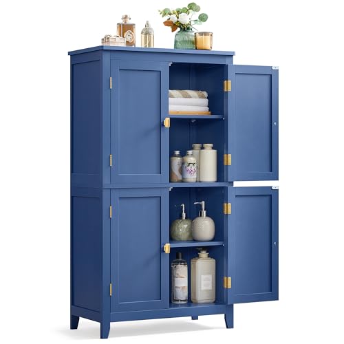 VASAGLE Bathroom Floor Storage Cabinet, Bathroom Storage Unit, Freestanding Cabinet with 4 Doors, Adjustable Shelves, 11.8 x 23.6 x 43.3 Inches
