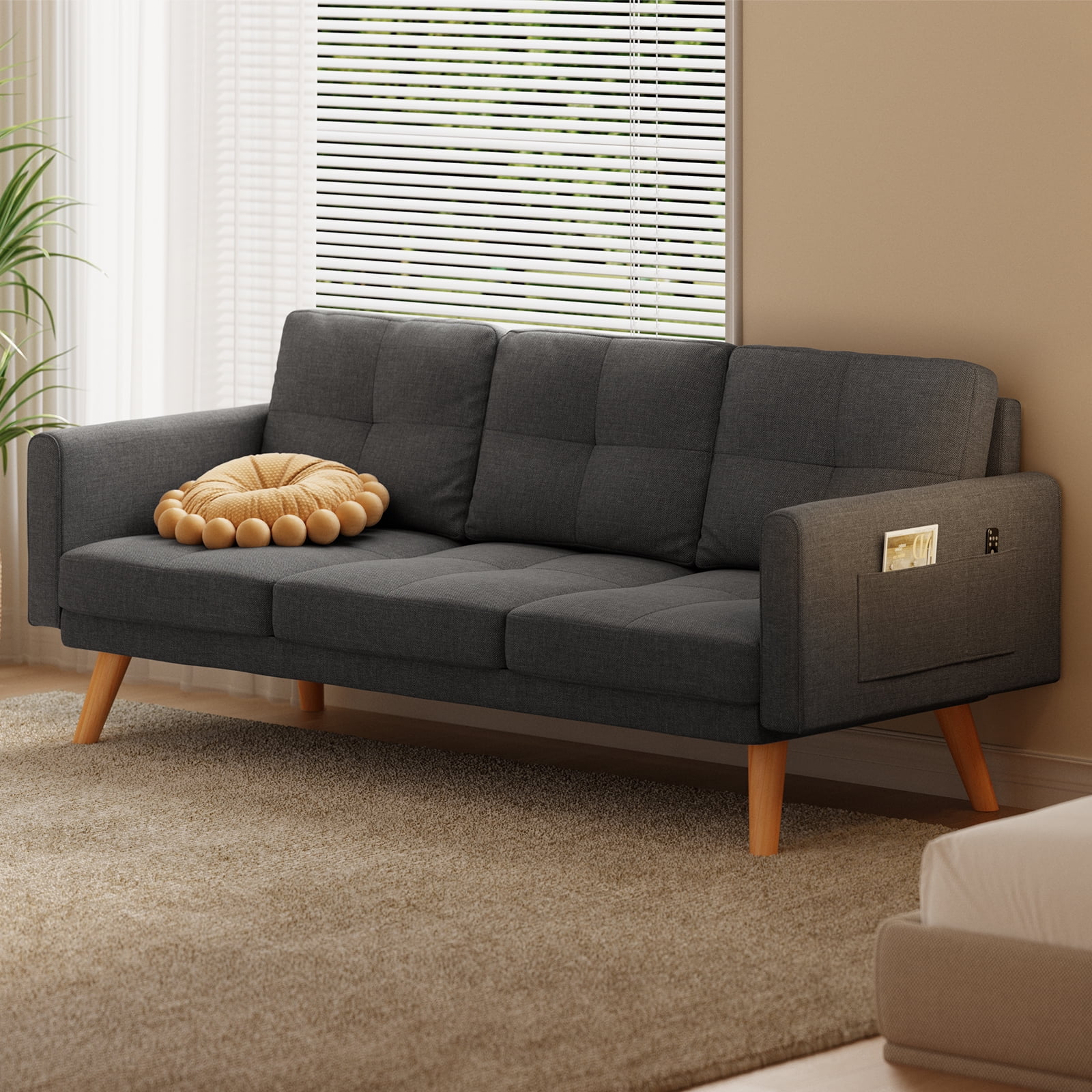 Lofka Futon Sofa Bed, Modern Sofa and Upholstered Couch with Curved Arm, Dark Gray