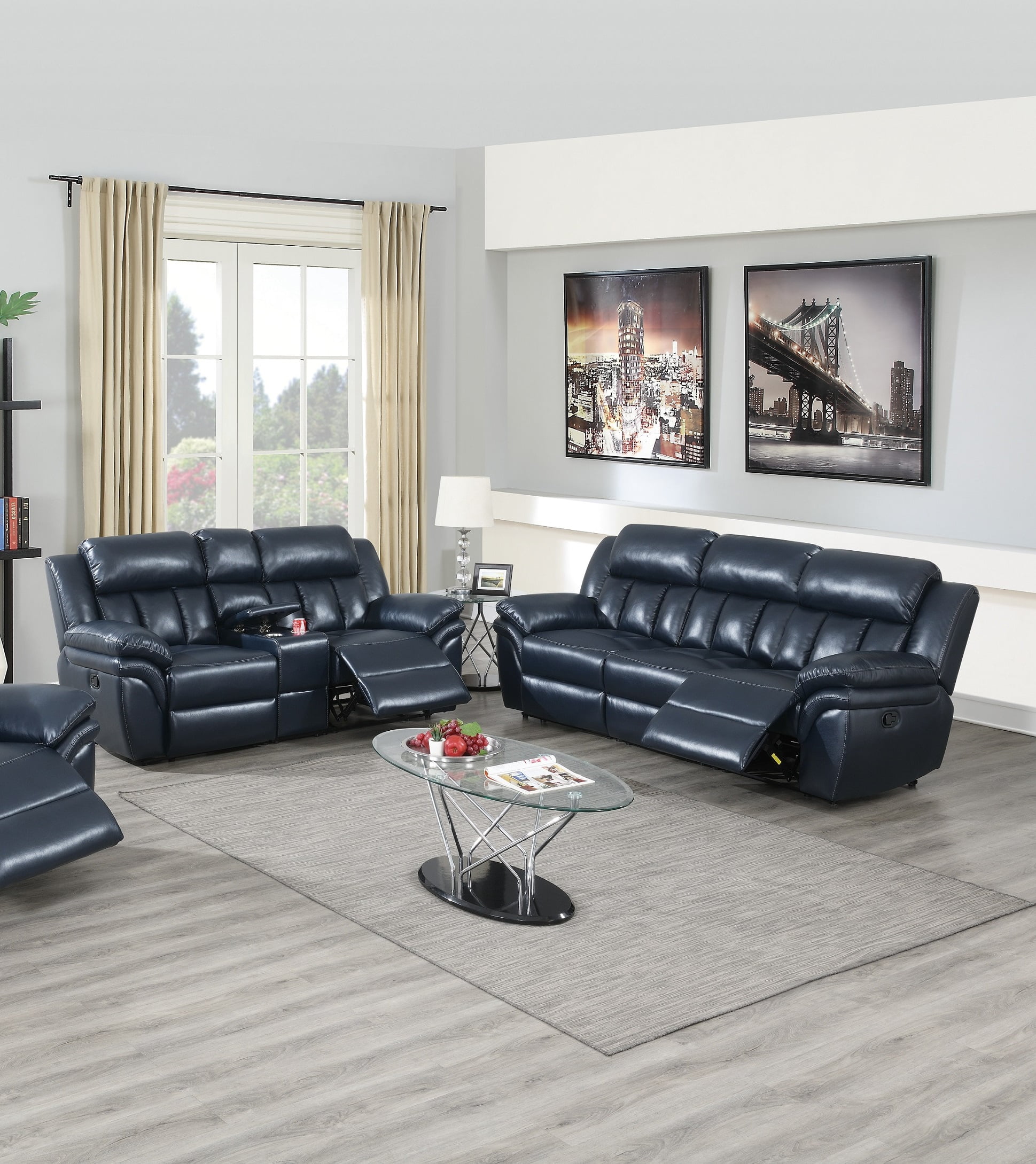 Contemporary Navy Blue Living Room Reclining Sofa set 2pcs Sofa Loveseat w Console Plush Padded Headrest Armrest