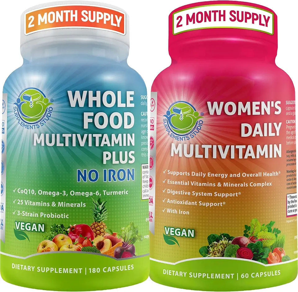 SUPPLEMENTS STUDIO Vegan Whole Food Daily Multivitamin Without Iron - Bundle up with - Women's Daily Multivitamin with Iron for Optimal Health
