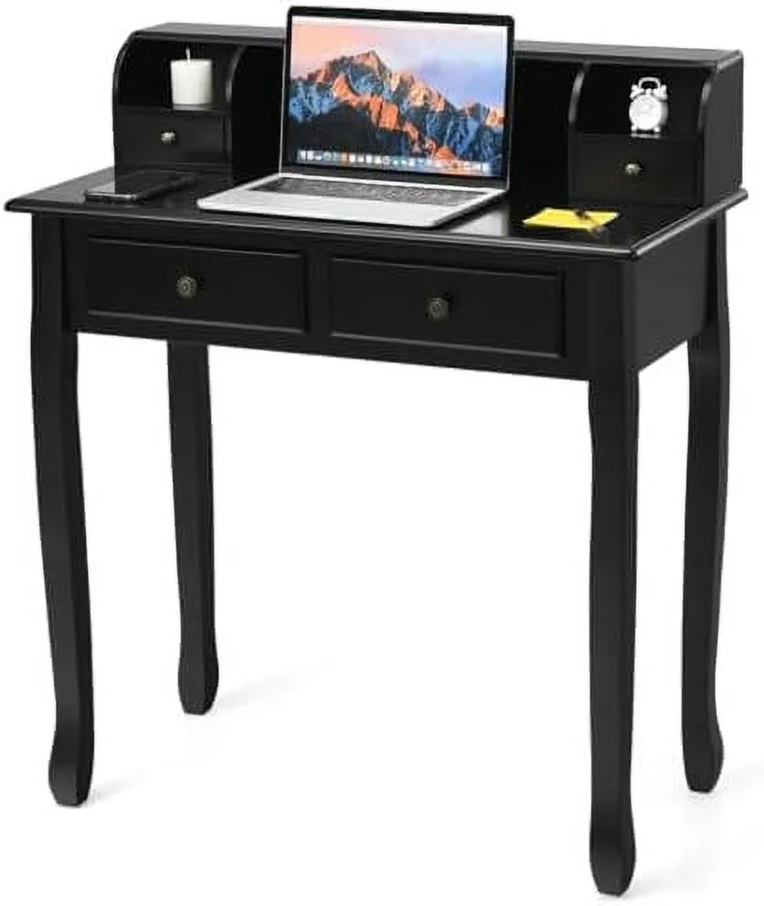 JYHOME Small Writing Desk with Removable Hutch  2-Tier Vanity Table with 4 Drawers  3 Cubbies &amp