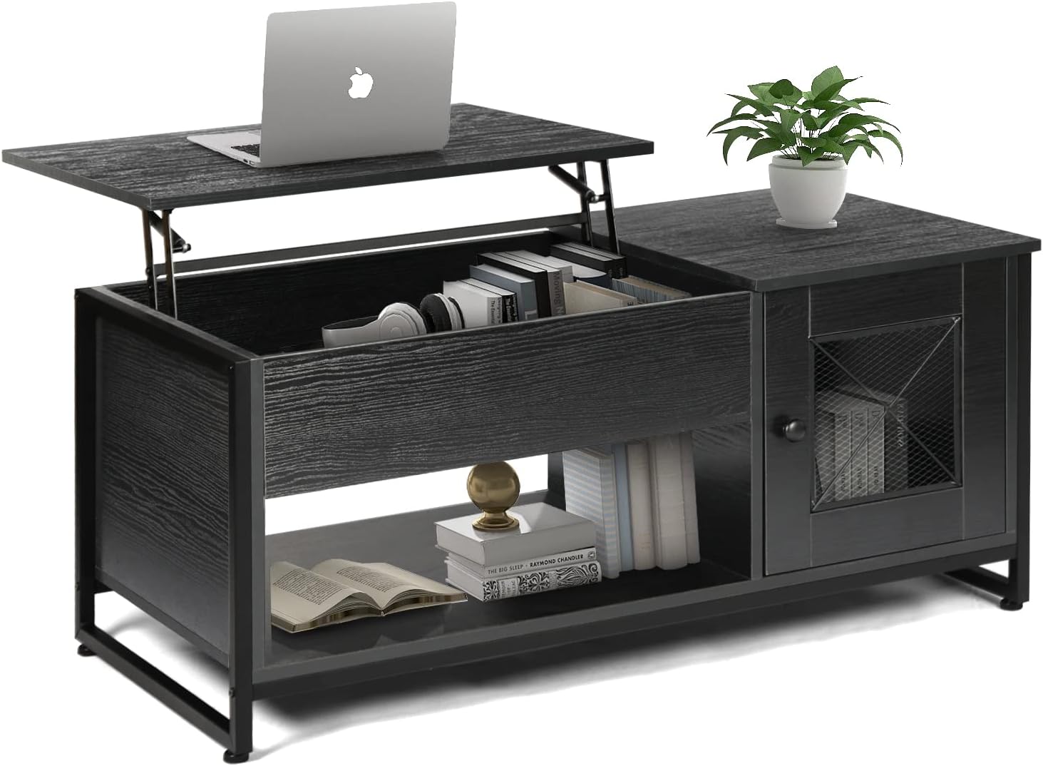 QLMUSE Industrial Lift Top Coffee Table with Metal Mesh Cabinet Door and Hidden Storage Compartment