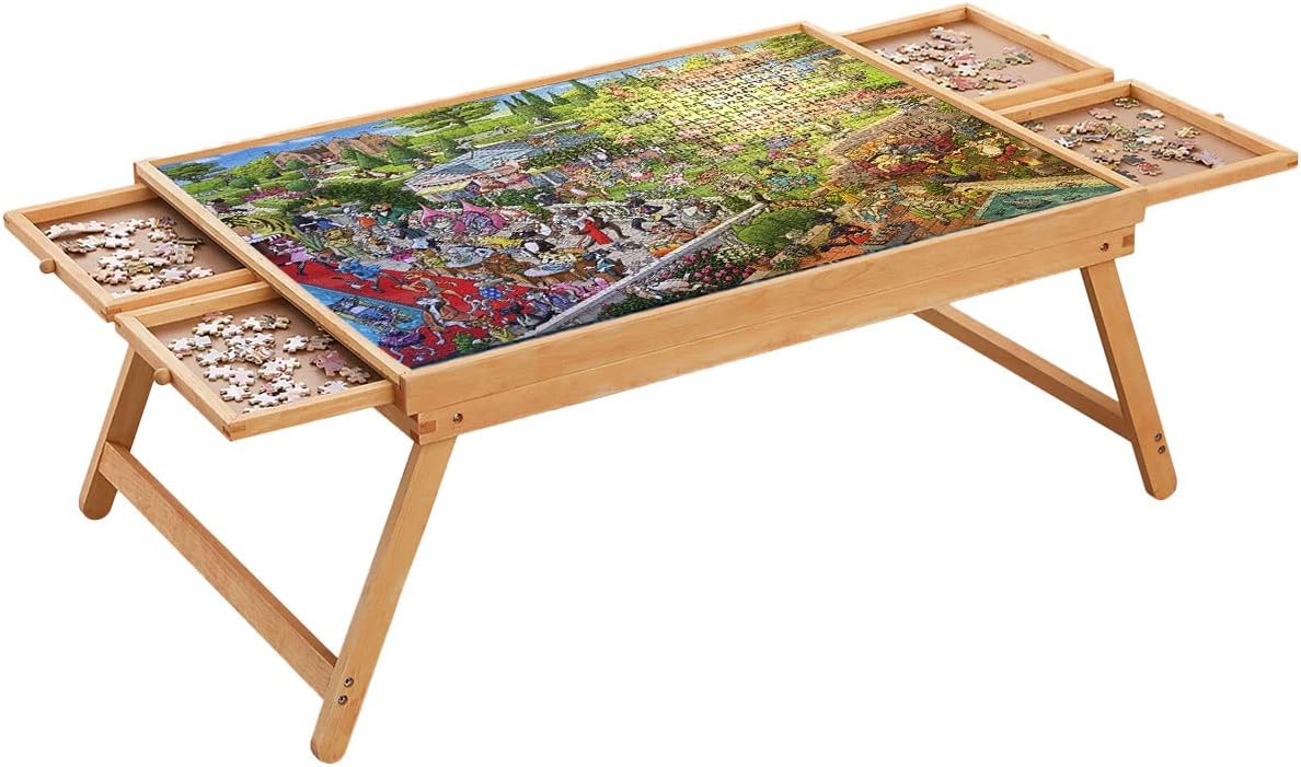 1500 Piece Puzzle Board, 34" x 26" Wooden Jigsaw Puzzle Boards with Folding Legs and 4 Drawers, Smooth Fiberboard Work Surface