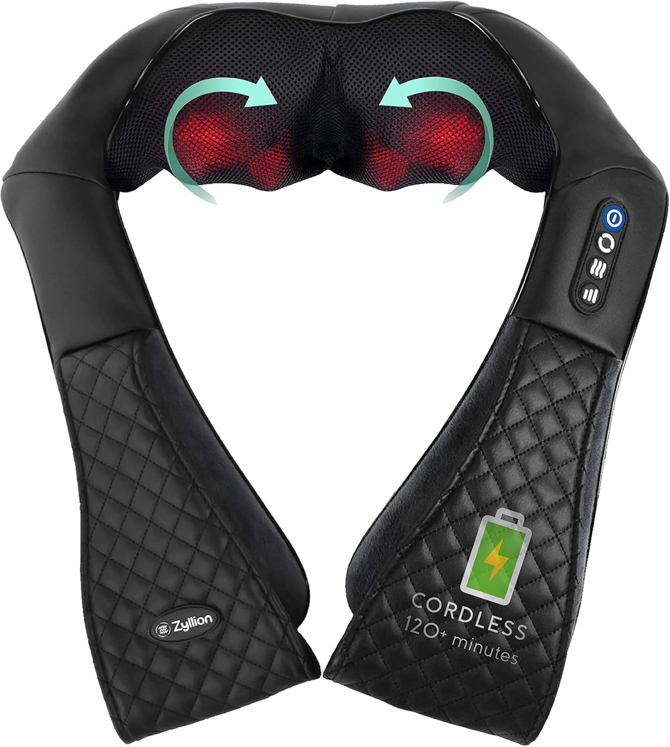 Zyllion Shiatsu Back and Neck Massager - Cordless Rechargeable 3D Kneading Deep Tissue Massage with Heat for Home, Office, Car