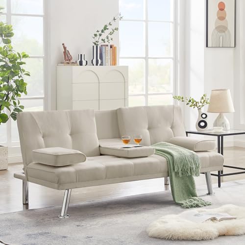 Futon Sofa Bed, 3 People Guest Bed, Modern Convertible Folding Futon Sofa Bed with Removable Armrests