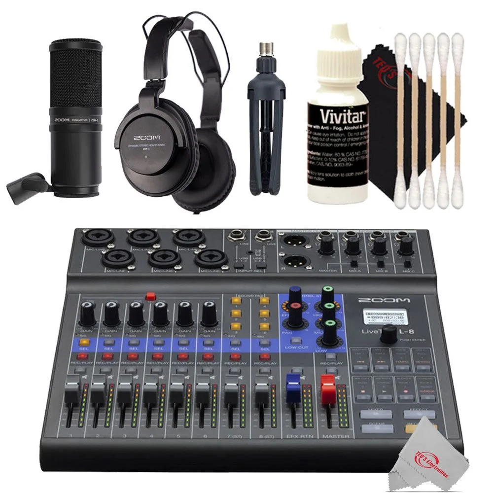Zoom LiveTrak L-8 Portable Podcast 8-Track Digital Mixer And Multitrack Recorder with Zoom ZDM-1 Podcast Mic Pack Accessory Bundle
