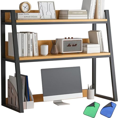Desktop Bookshelf Desk Organizer Shelf 3-Tier Metal Structured Wood Panels Desk Hutch Bookcase Display Rack Storage for Computer Monitor for Dorm