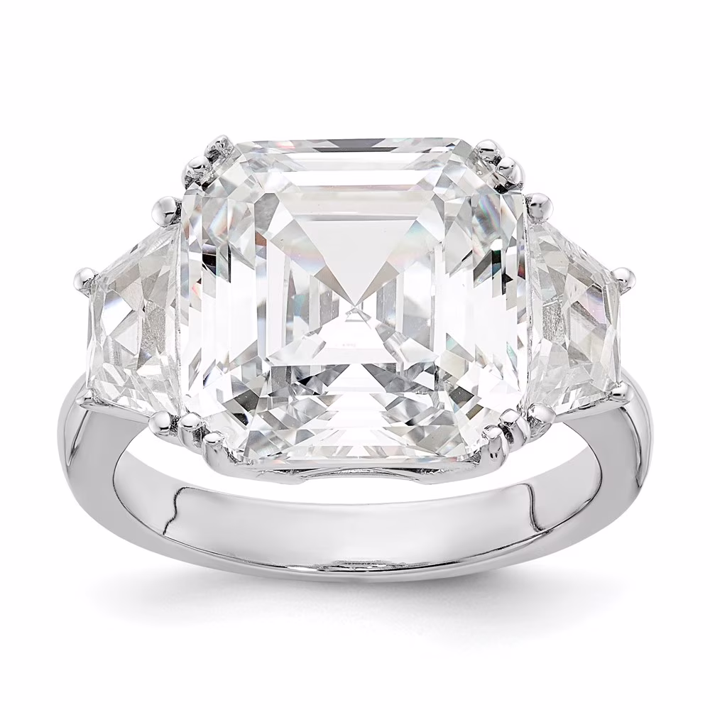 Cheryl M Sterling Silver Rhodium-plated Asscher-cut and Brilliant-cut CZ 3 Stone Ring Q-QCM1566-6