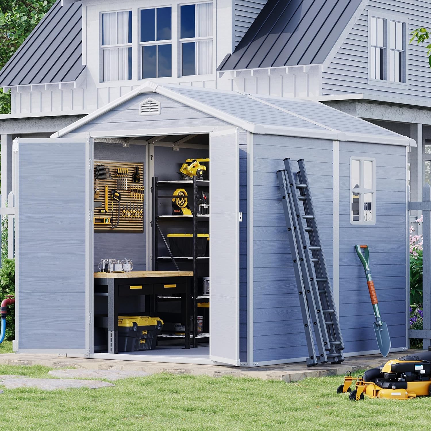 Aoxun 6'x8' Resin Outdoor Storage Shed Utility Tool Shed Storage House, Multi-Purpose Utility Tool House for Backyard, Patio Furniture, and Bikes