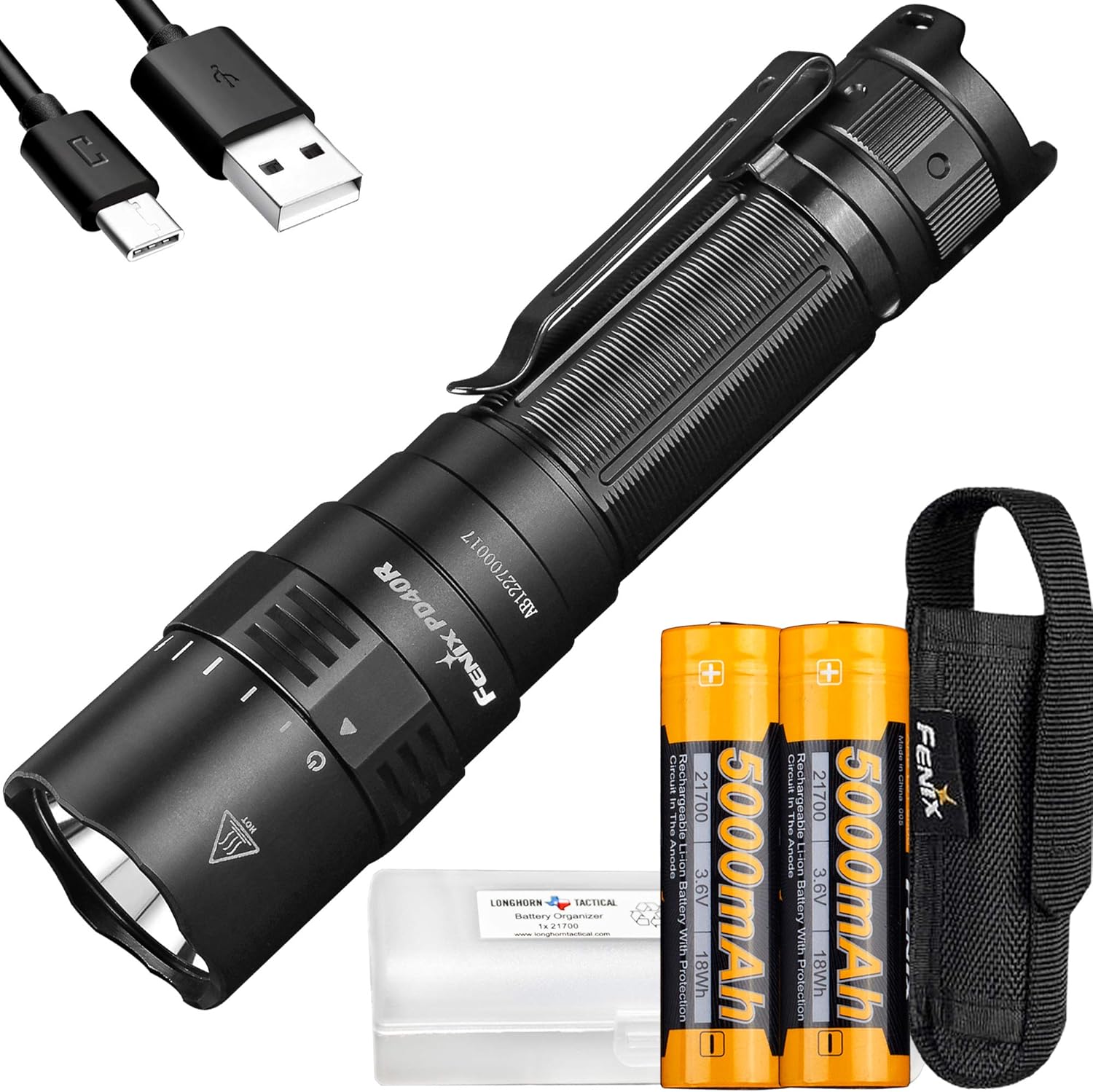 Fenix PD40R v2.0 USB-C Rechargeable LED Flashlight, 3000 Lumen include 2x 5000mAh Battery and LumenTac Battery Case