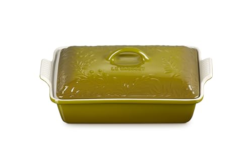 Le Creuset Olive Branch Collection Stoneware Heritage Covered Rectangular Casserole, 4 qt., Artichaut with Embossed Lid