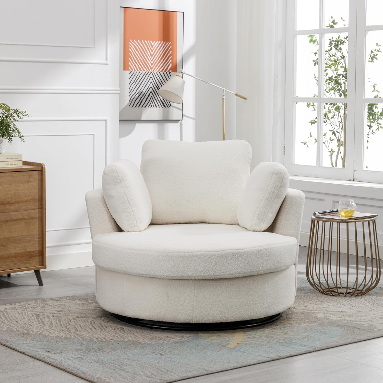 HomSof 42.2" W Swivel Accent Barrel Chair and Half Swivel Sofa with 3 Pillows 360 Degree Swivel Round Sofa Modern Oversized Arm Chair Cozy Club Chair