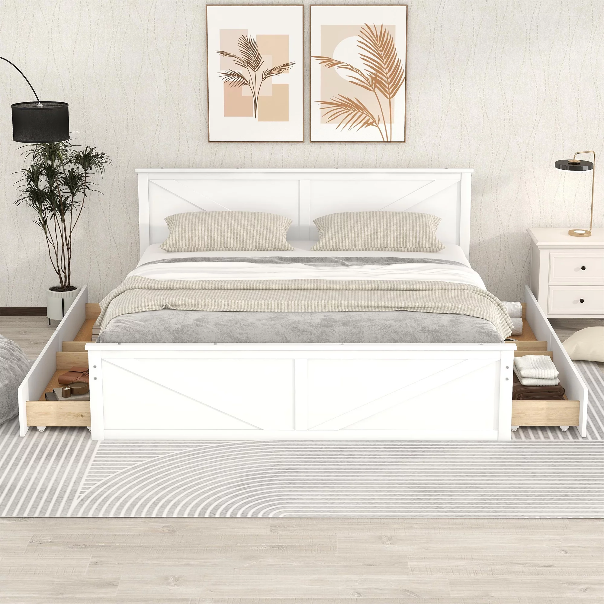 iRerts King Bed Frame with Headboard, Solid Wood King Platform Bed Frame with Storage Drawers, Slats Support and Support Legs