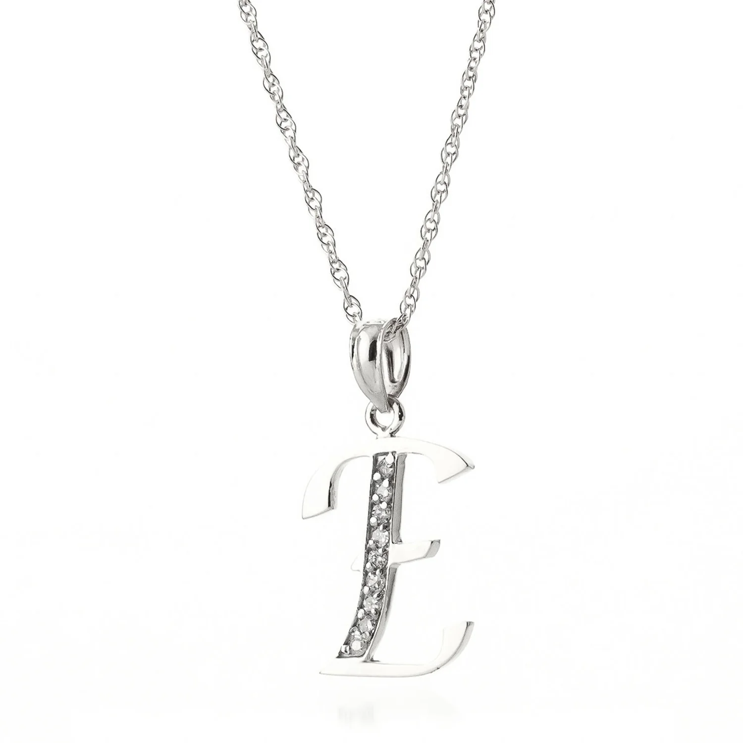 Galaxy Gold 14K Solid White Gold Pendant Necklace with Natural Diamonds Initial 'E' Pendant Made in USA High Polish Finish Rhodium Finish Snow White