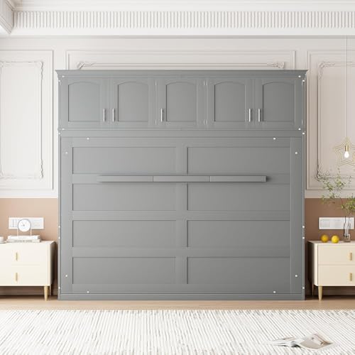 MERITLINE Queen Horizontal Murphy Bed Cabinet with Storage Bookcase Shelves and Charging Station,Wood Folding Grey Murphy Wall Bed for Adult