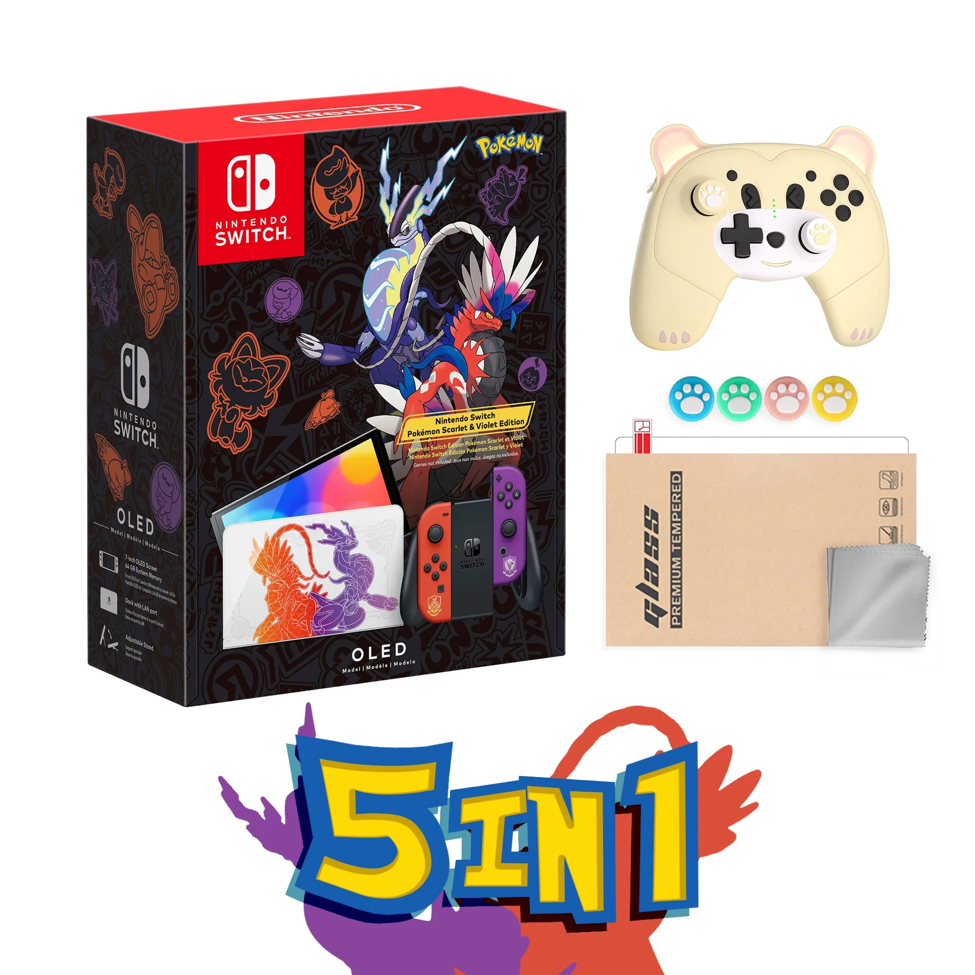 2022 Nintendo Switch OLED Model Pokemon Scarlet & Violet Limited Edition, Pokemon Illustrations 64GB Console, Koraidon and Miraidon Glossy White Dock