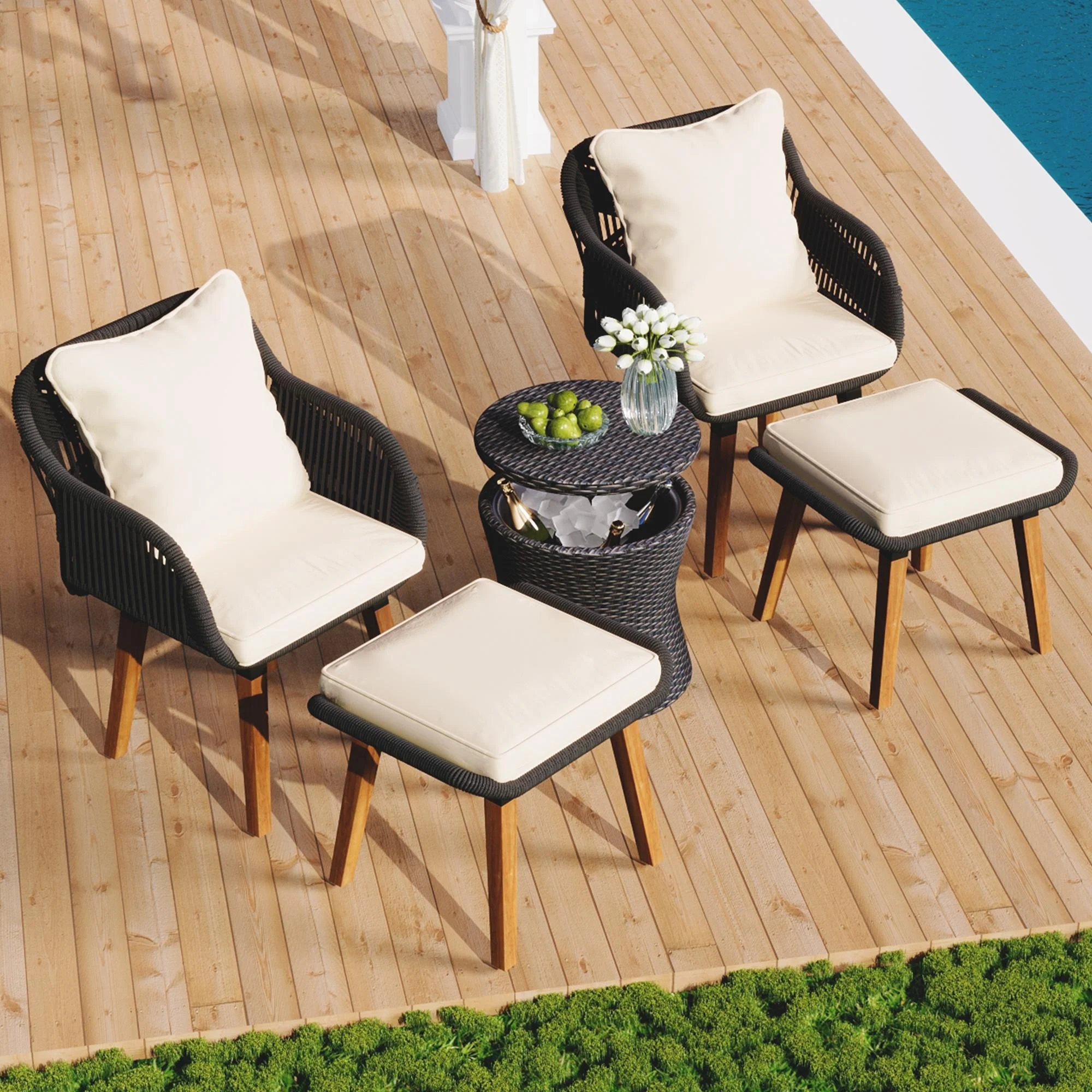 Bellemave 5-Piece All Weather Acacia Solid Wood and Rope Outdoor Bistro Set Patio Conversation Set with Cool Bar Table