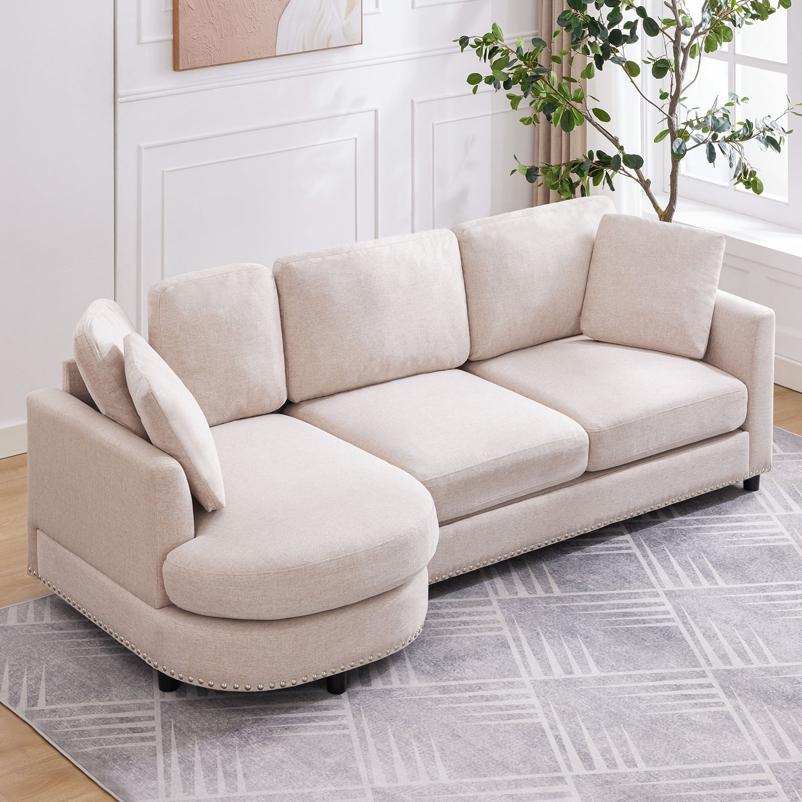 Puremind Sectional Sofa Couch with Chaise, Upholstered Curved Couch for Living Room/Apartment(Beige)