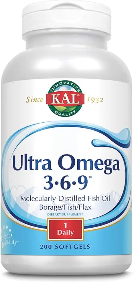 KAL Ultra Omega 3-6-9 1200mg | Fish Oil w/Cold Pressed Flaxseed & Borage Oil | Skin, Hair, Heart, Memory | 200 Softgels - Kansas Nuitrition - HNZSDS