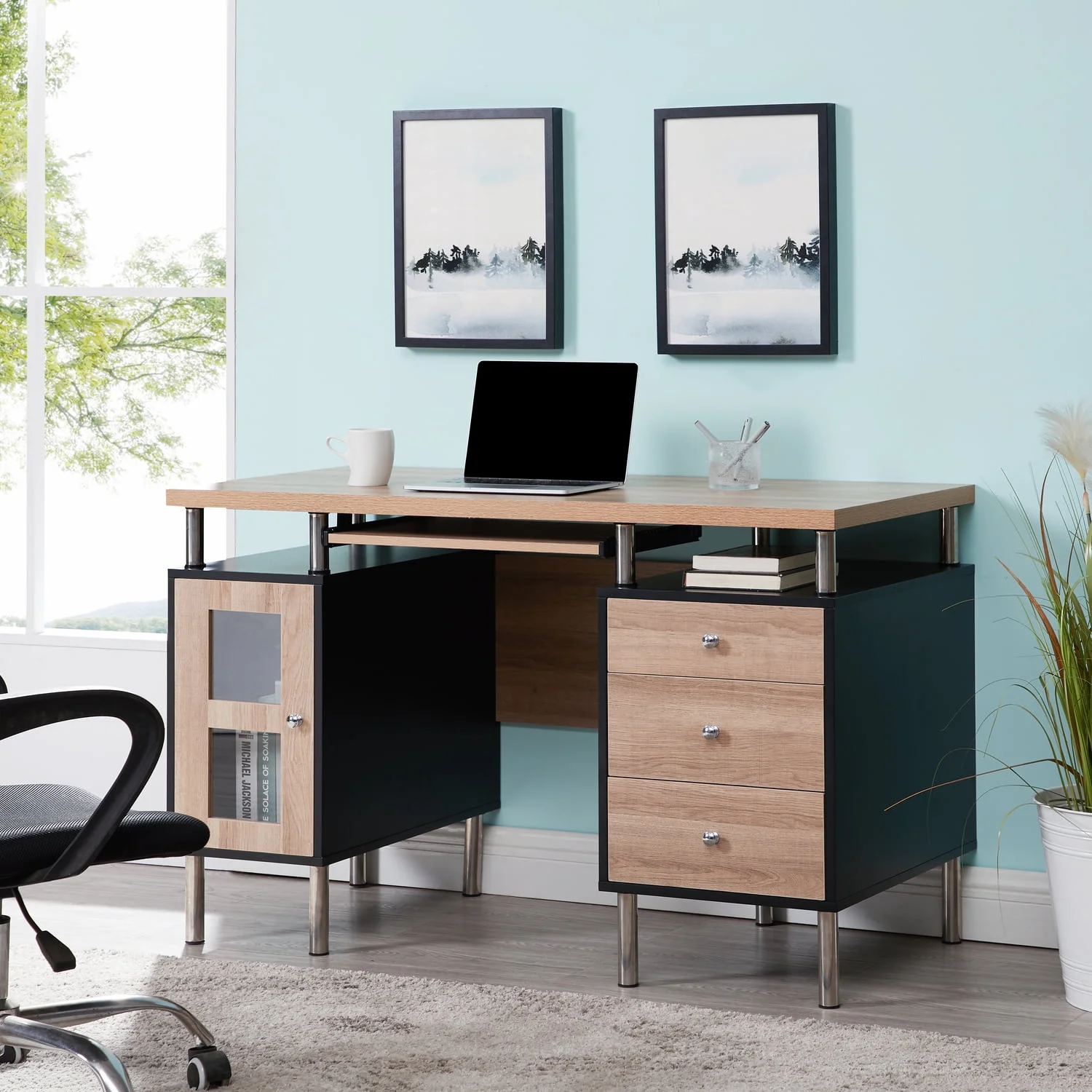 Home Imports Emporium Elsy 4-Drawer Two-Tone Small Desk with Storage, Power Outlets, USB Ports Charging Station, Wooden Computer Table Desk Black/