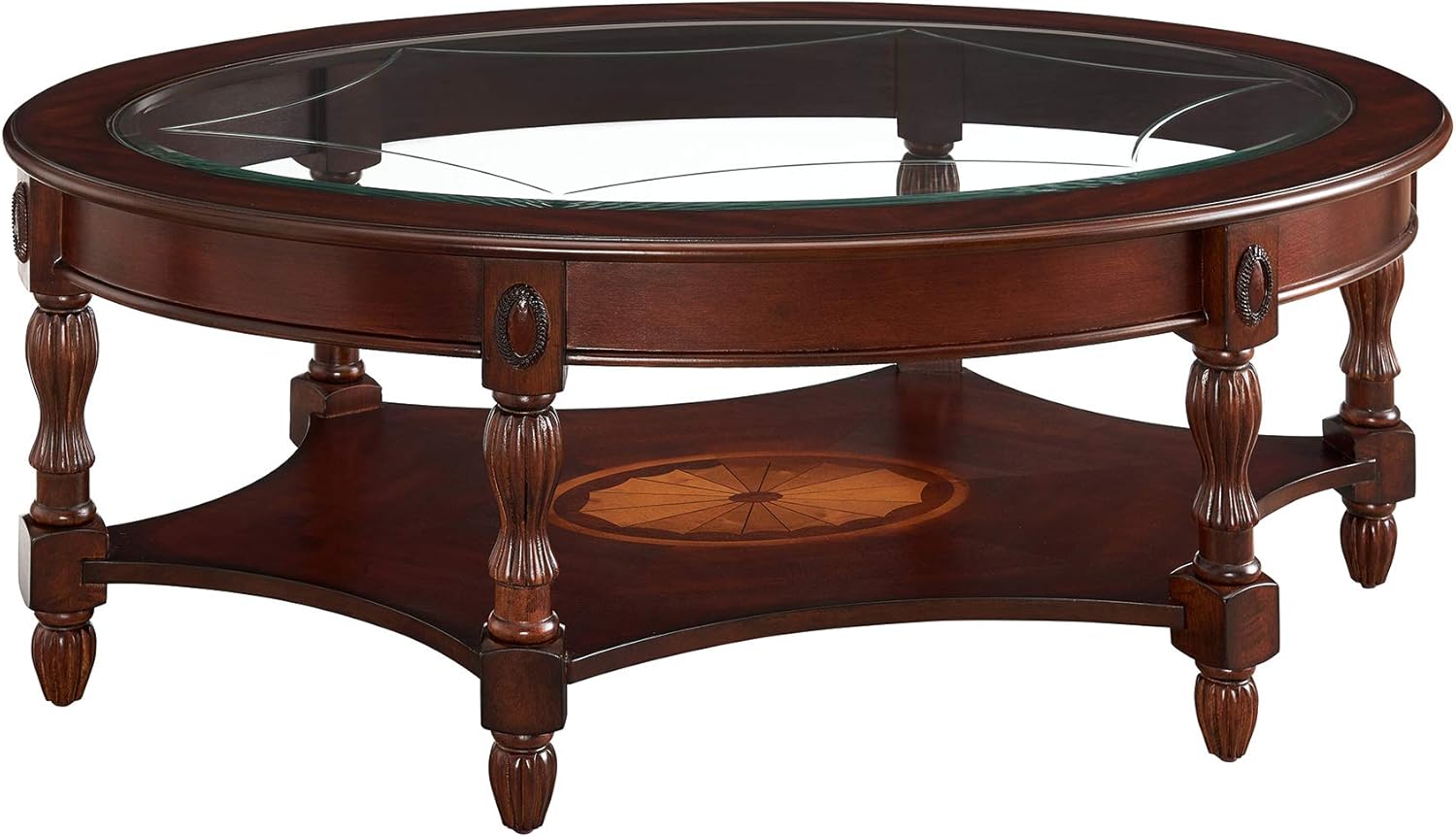 MODERION Solid Wood Coffee Table, Traditional Oval Cocktail Table with Storage Shelf, Carvings Side Elegant Vintage Sofa Table for Living Room
