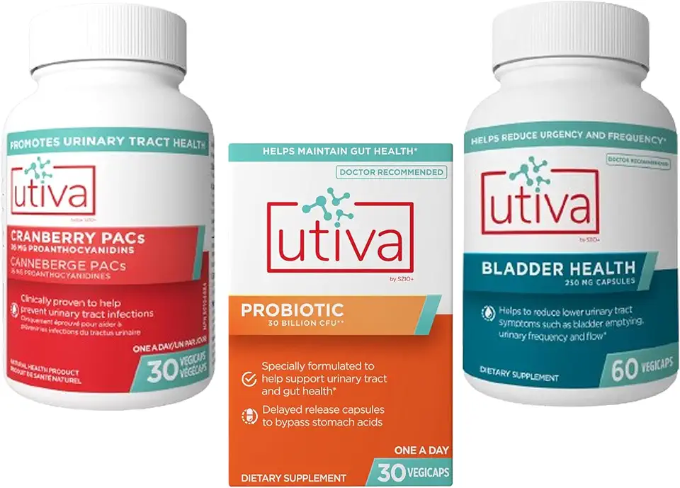 15% Bundle Utiva Cranberry PACs Supplement for Urinary Tract Health 30 Vegi Capsule + Utiva Probiotic for Gut and Urinary Tract Health 30 Delayed