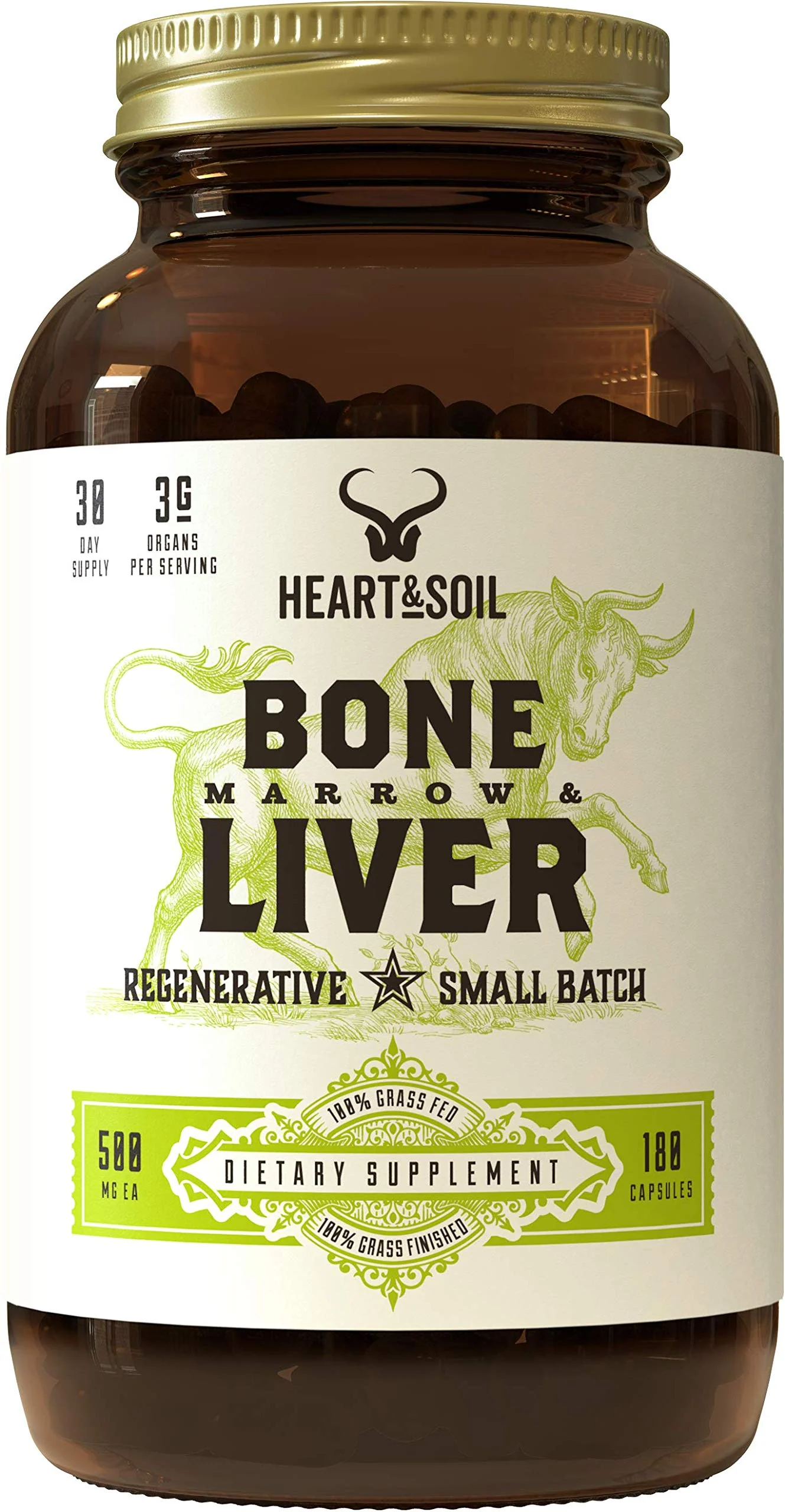 Heart & Soil Grass-Fed Bone Marrow & Liver Supplement (180 Capsules) - Desiccated Organ Supplements to Enhance Mood, Bone, Joint, Tissue
