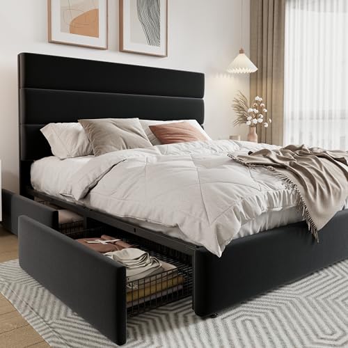 Allewie Modern Full Size Platform Bed Frame with 4 Storage Drawers and Velvet Upholstered Headboard, Wooden Slats Support