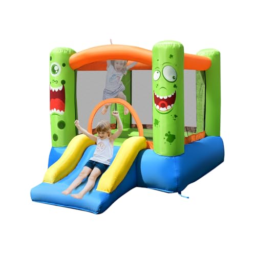 DORTALA Inflatable Bounce House, Monster Theme Bouncy Castle with Slide, Basketball Rim, Stakes, Indoor Outdoor Jumping House for Kids