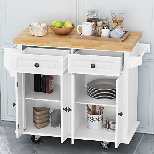 Kitchen Island Cart on Wheels with Wood Top and Drop Leaf Breakfast Bar, Rolling Kitchen Trolley with 2-Door Storage Cabinet, 3 Drawers