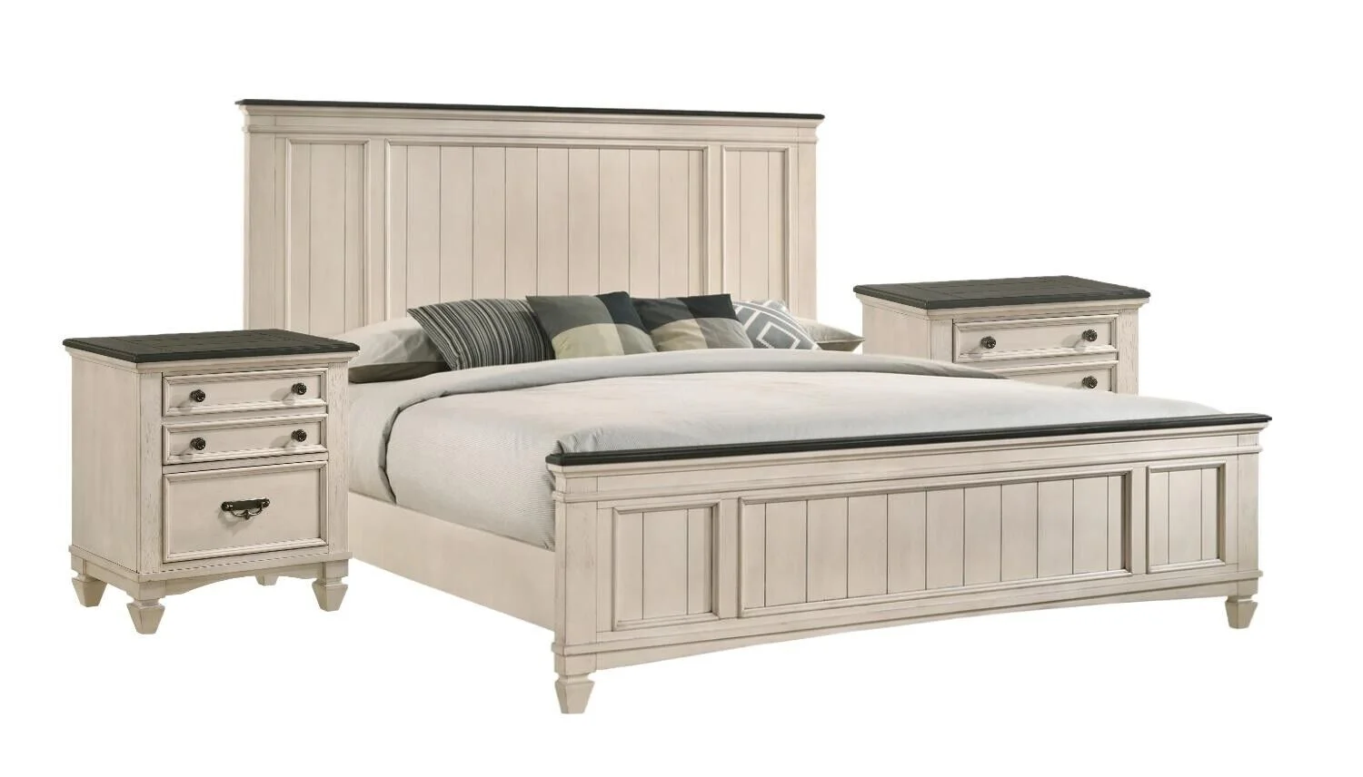 Rustic Cottage Style 3pc Queen Size Panel Headboard Bed and 2x Nightstands Set Beige Finish Wooden Bedroom Furniture