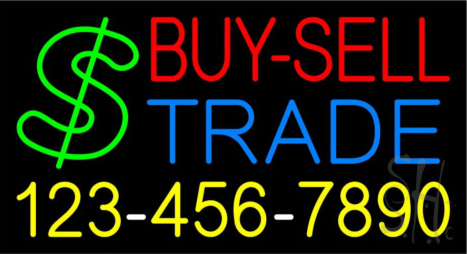 Multi Colored Buy Sell Trade with Phone Number LED Neon Sign 20 x 37 - inches, Black Square Cut Acrylic Backing, with Dimmer