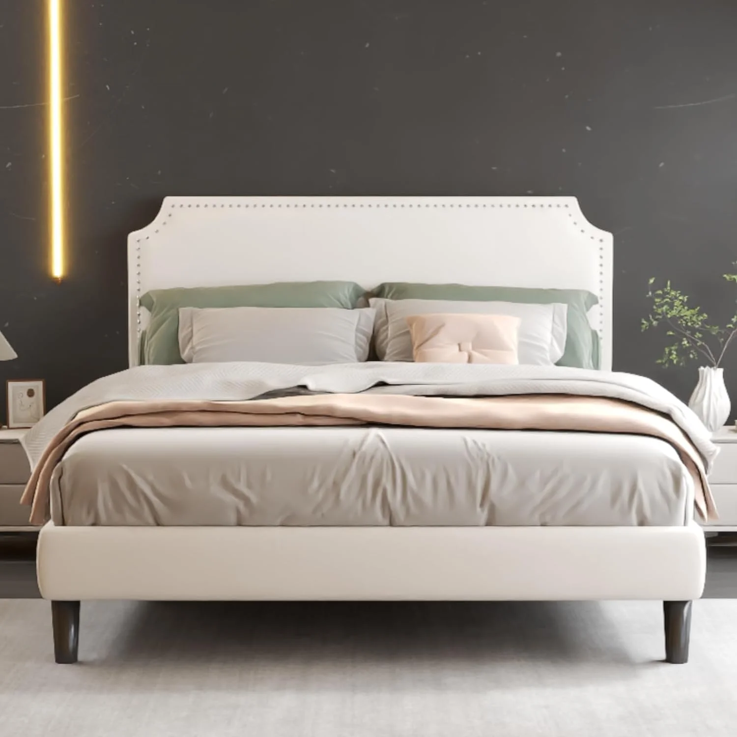RooRuns Queen Bed Frame Upholstered Platform with Adjustable Headboard and Strong Wooden Slats. Non-Slip and Noise-Free.No Box Spring Needed. Easy