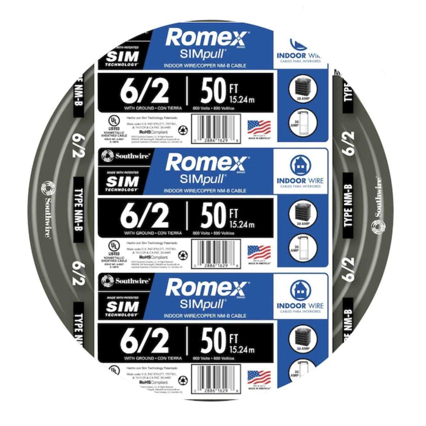 Southwire 50 ft. 6/2 Stranded Romex SIMpull CU NM-B W/G Wire - Shop Hardware Tools Online Store