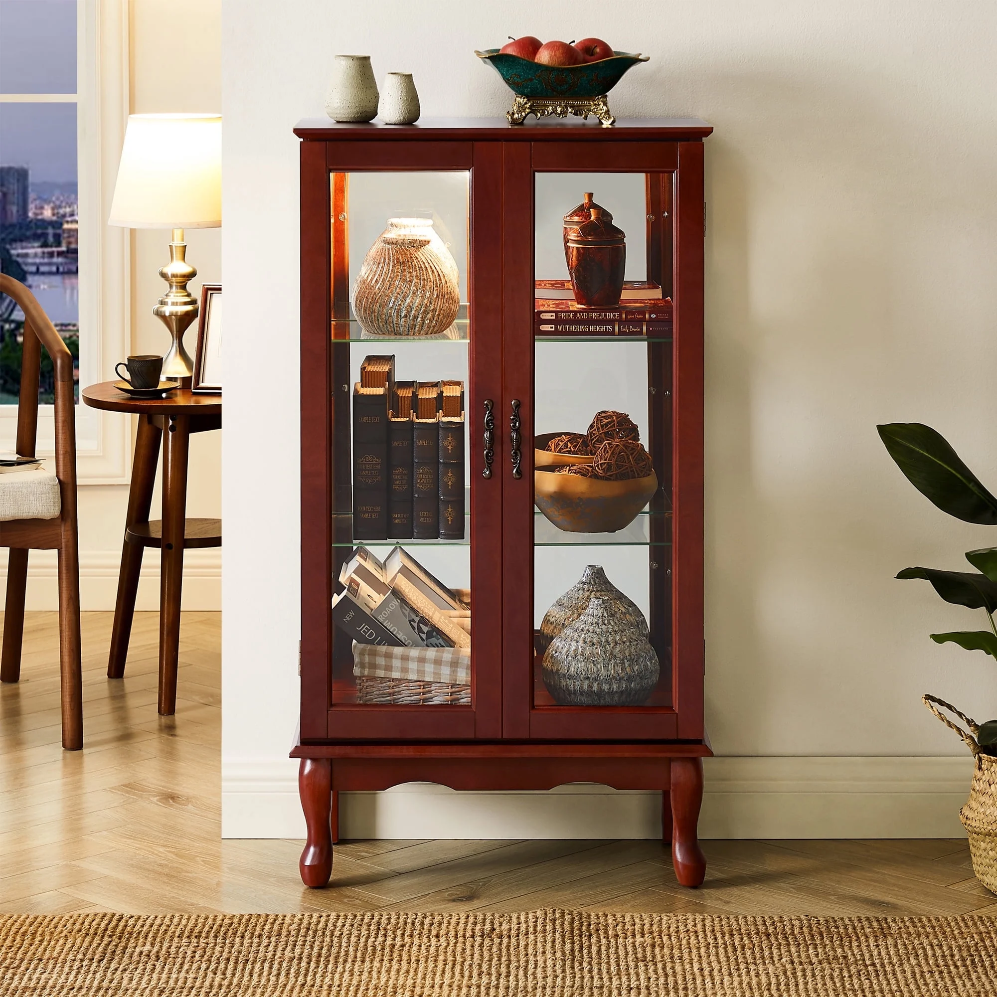 Ufurpie 3 Tier Curio Cabinet Lighted Curio Display Cabinet with Adjustable Shelves and Mirrored Back Panel,Tempered Glass Doors