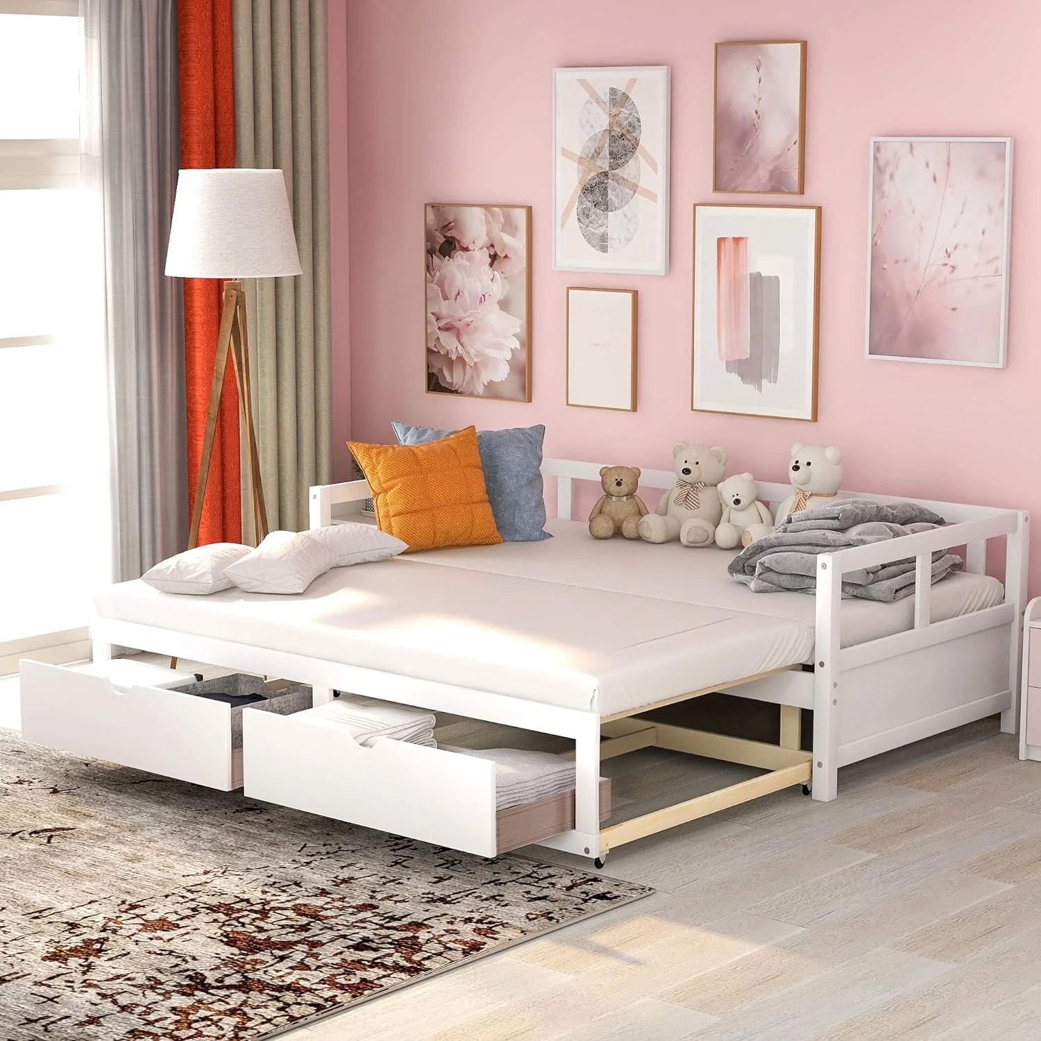 Wooden Daybed With Trundle Bed And Two Storage Drawers Extending Bed Daybed For Adult And Kids. Wooden Daybed With Storage Drawers To King Design. No