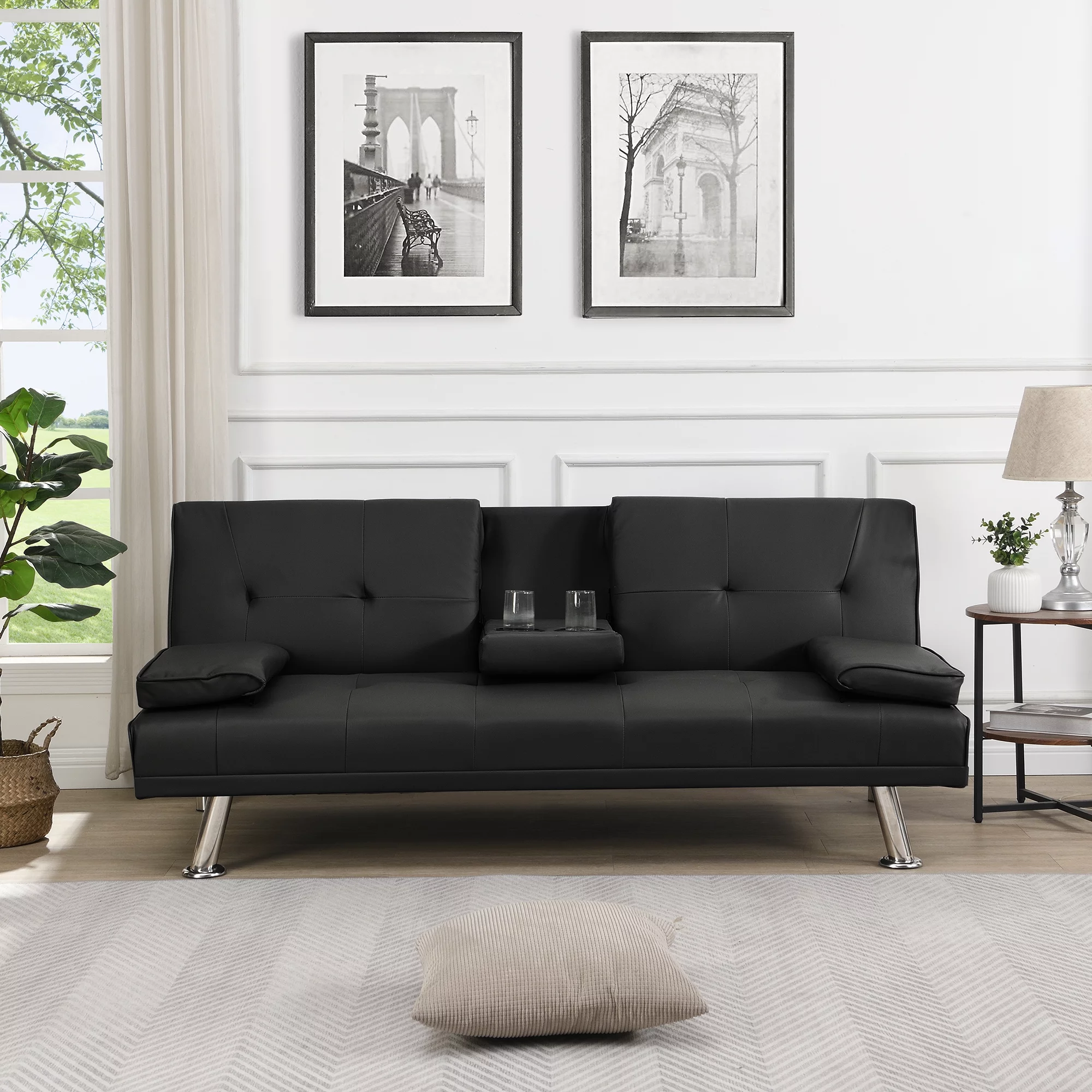 BASTCH Home Futon Sofa Bed, 67 Inch Sofa bed with Removable Armrests, Wood Frame, 2 Cup Holders, Convertible Sofa Bed for Living Room