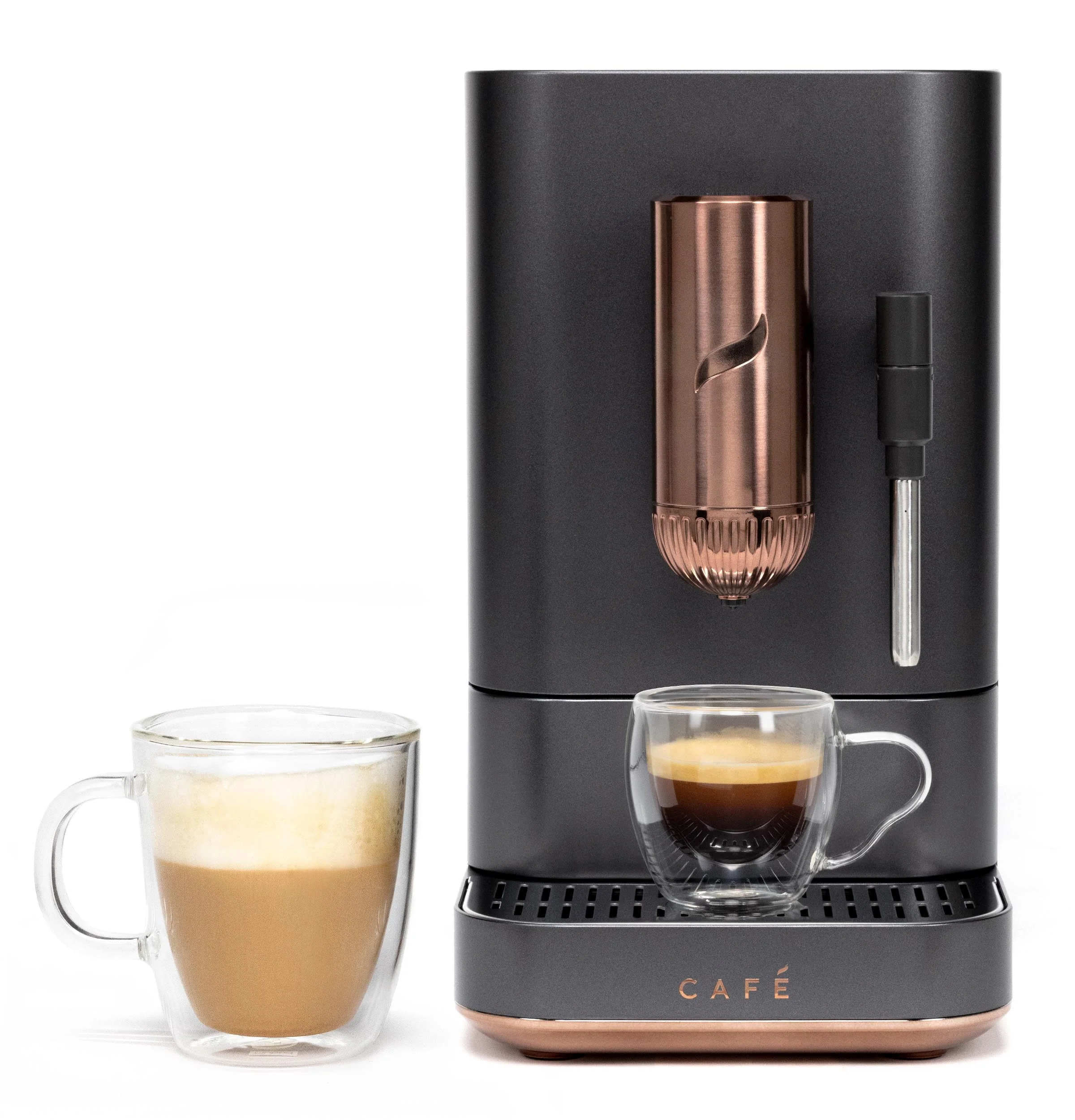 Caf茅 Affetto Automatic Espresso Machine + Milk Frother | Built-In & Adjustable Espresso Bean Grinder | One-Touch Brew in 90 Seconds | Steel Silver