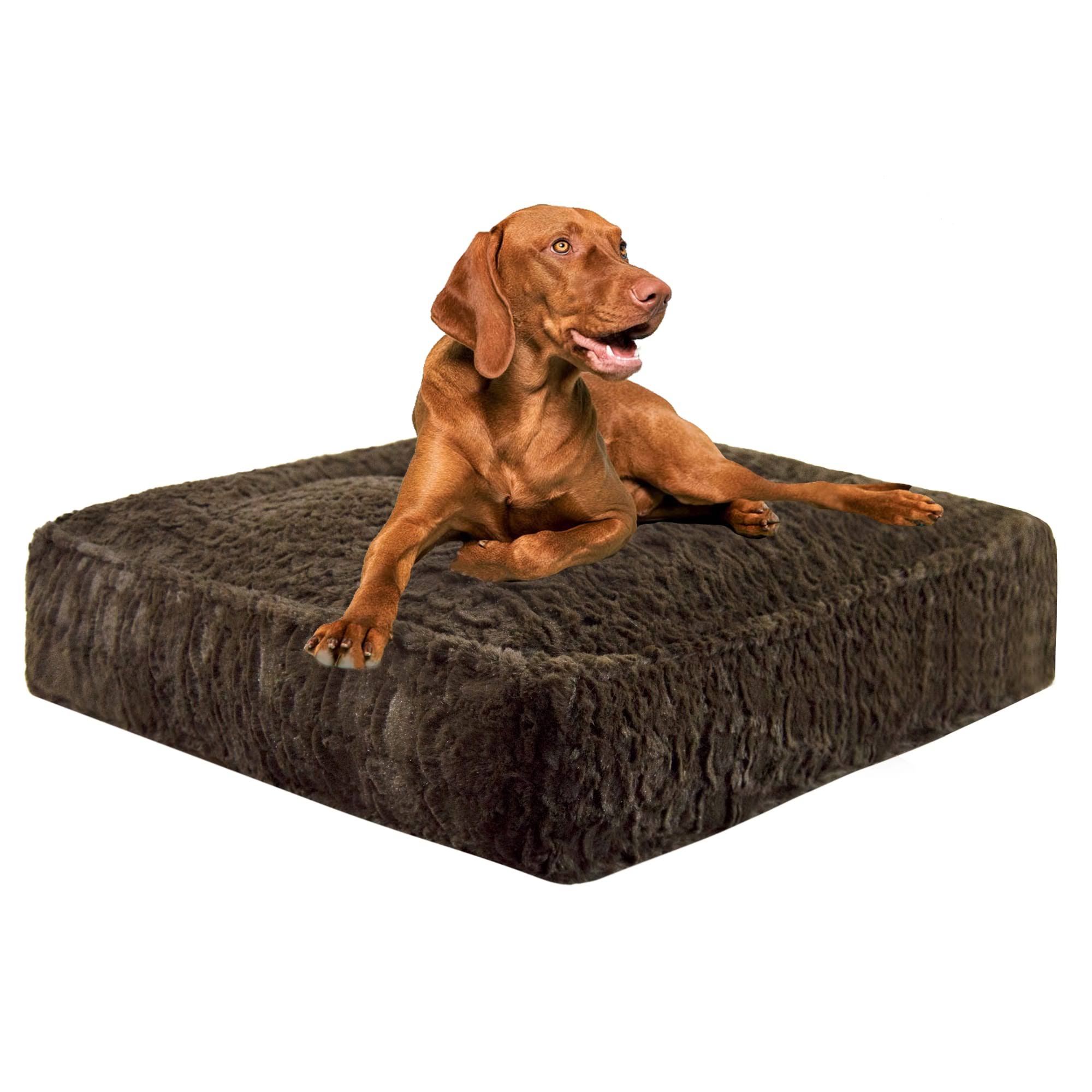 Bessie + Barnie Luxury Extra Plush Faux Fur Animal Print Rectangle Dog u0026 Cat Bed, Serenity Brown, Medium