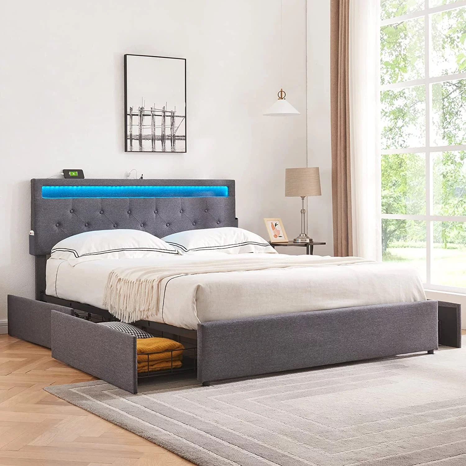 Alohappy Full Size Bed Frame with 4 Drawers, LED Bed Frame with 2 USB Ports and Adjustable Upholstered Headboard