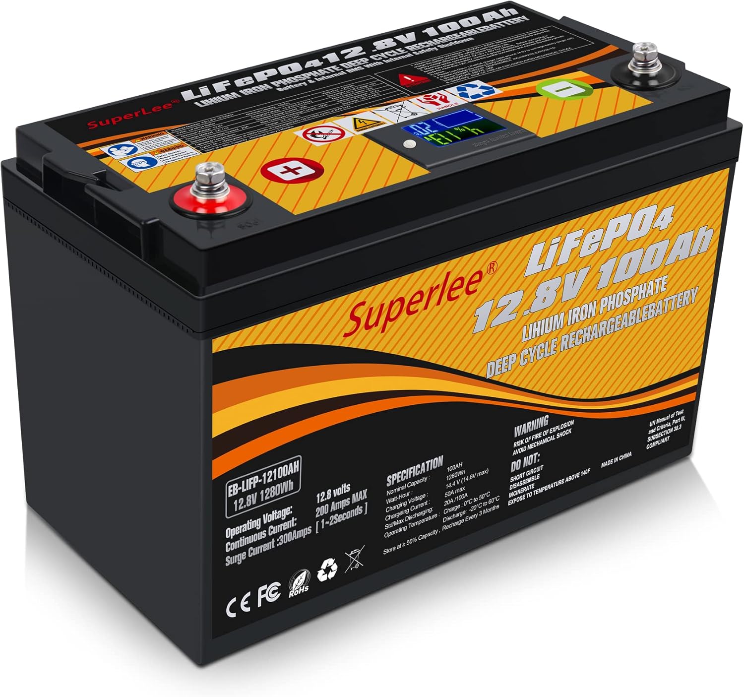 12.8V 100AH LiFePO4 Battery with LCD Display, 5000+ Cycle Lithium Iron Phosphate RV Battery with BMS, Multi-Purposes Lithium Battery