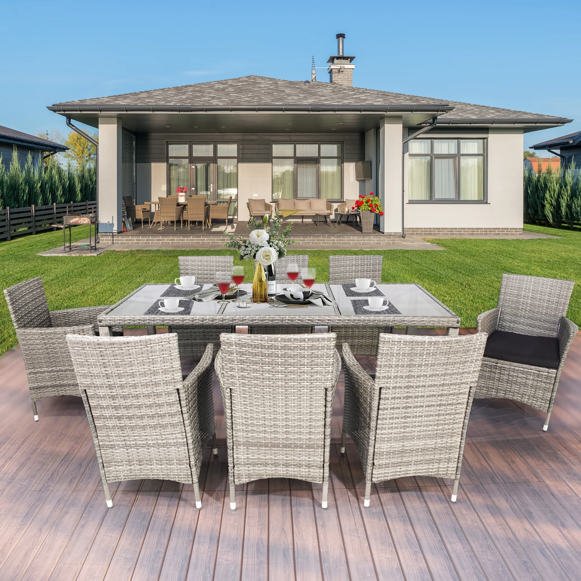 Outdoor Dining Set for 8, BTMWAY All-Weather 9 Pieces Wicker Dining Outdoor Patio Conversation Sets