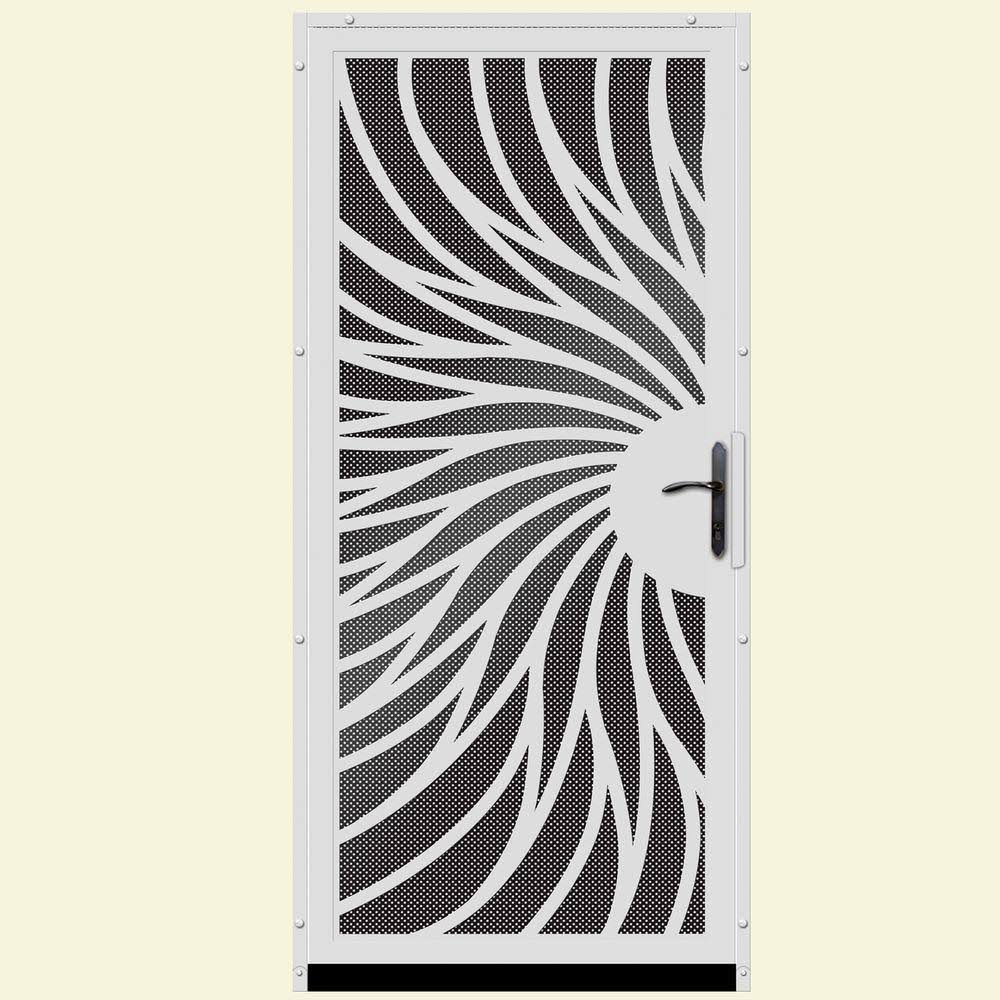 Unique Home Designs 36 in. x 80 in. Solstice White Surface Mount Steel Security Door with Black Perforated Screen and Bronze Har