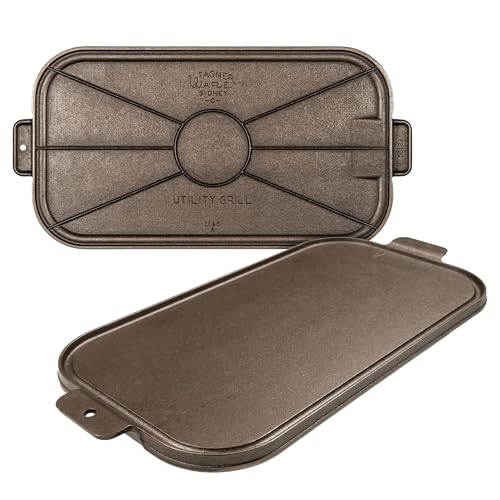 Wagner Cast Iron Griddle – 1950 Vintage Reissue in Wooden Box – Double Burner Griddle for Stovetop & Outdoor Cooking – Pre-Seasoned Cast Iron –