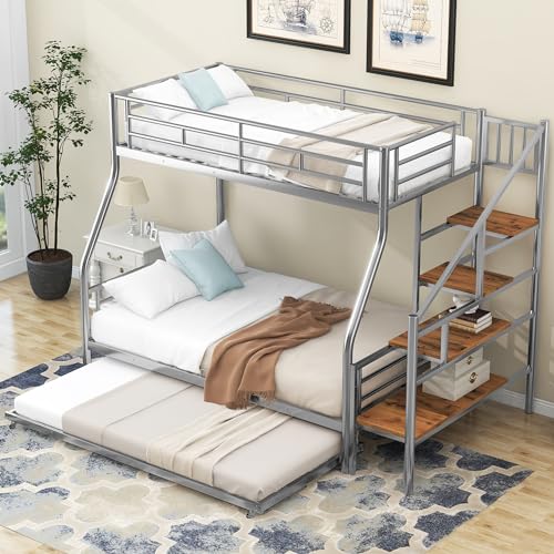 Twin Over Full Bunk Bed - Metal Full Size Bed with Trundle and Storage Staircase, Heavy Duty Bed Frame with Safety Guaedrail