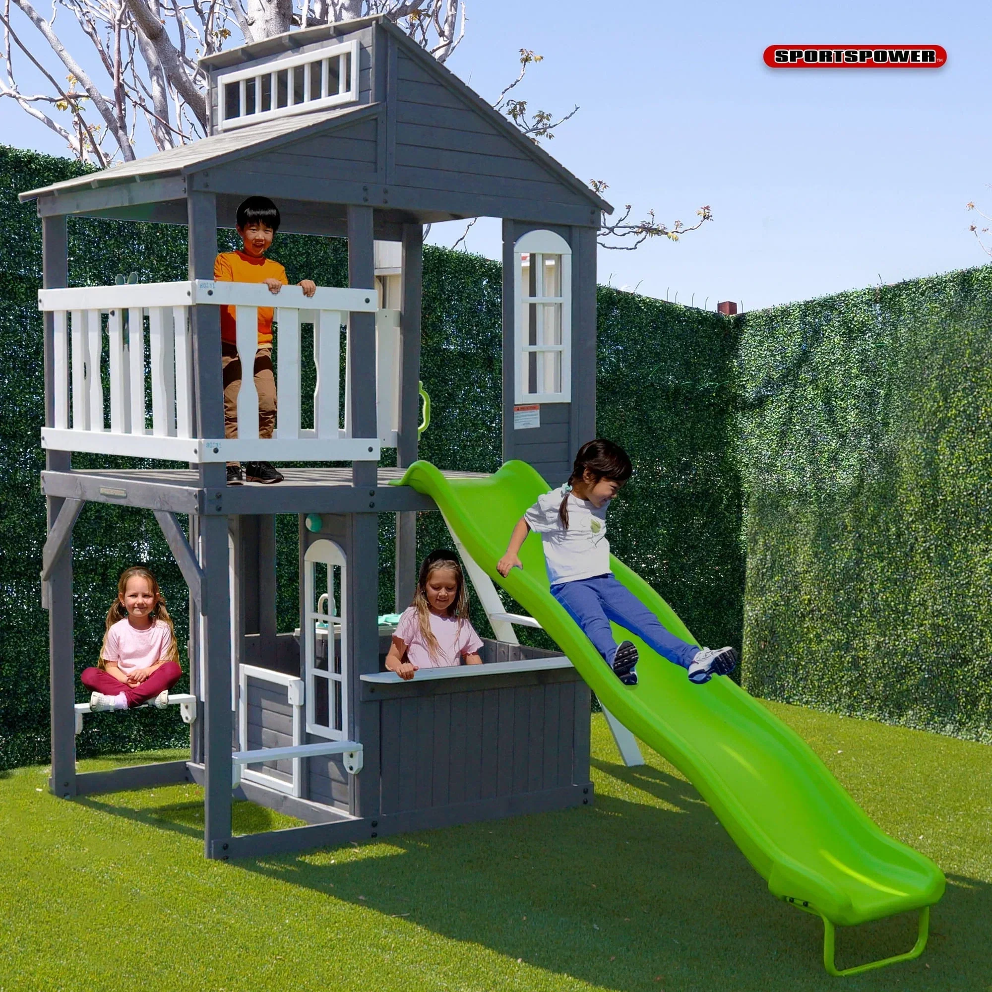 Sportspower Blakely 2-Story Playhouse with 8FT Slide, Working Door, Benches for Rest & Pretend Play Features, for Kids Ages 3-10, Wooden Elevated