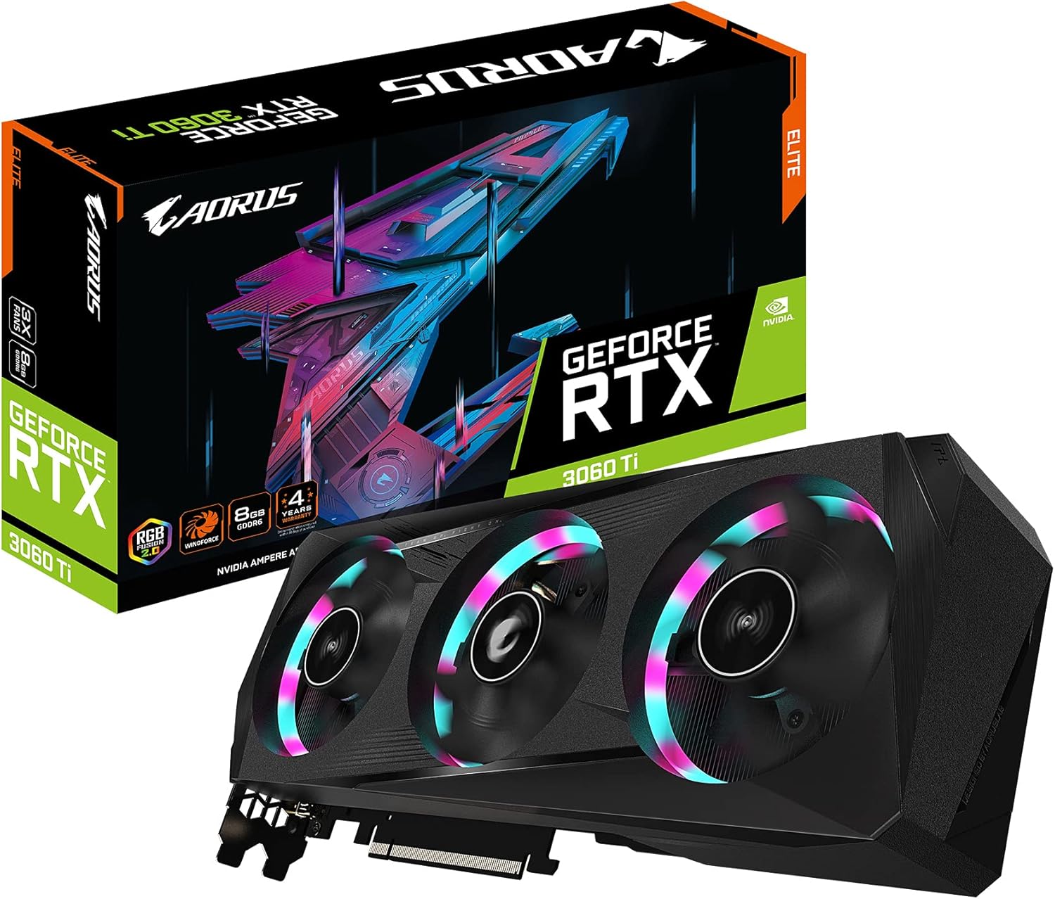 GIGABYTE AORUS GeForce RTX 3060 Ti Elite 8G (REV2.0) Graphics Card, 3X WINDFORCE Fans, LHR, 8GB 256-bit GDDR6, GV-N306TAORUS E-8GD REV2.0 Video Card