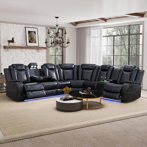 Power Reclining Sofa Set with LED Lights, Leather Reclining Sectional with USB Chargers