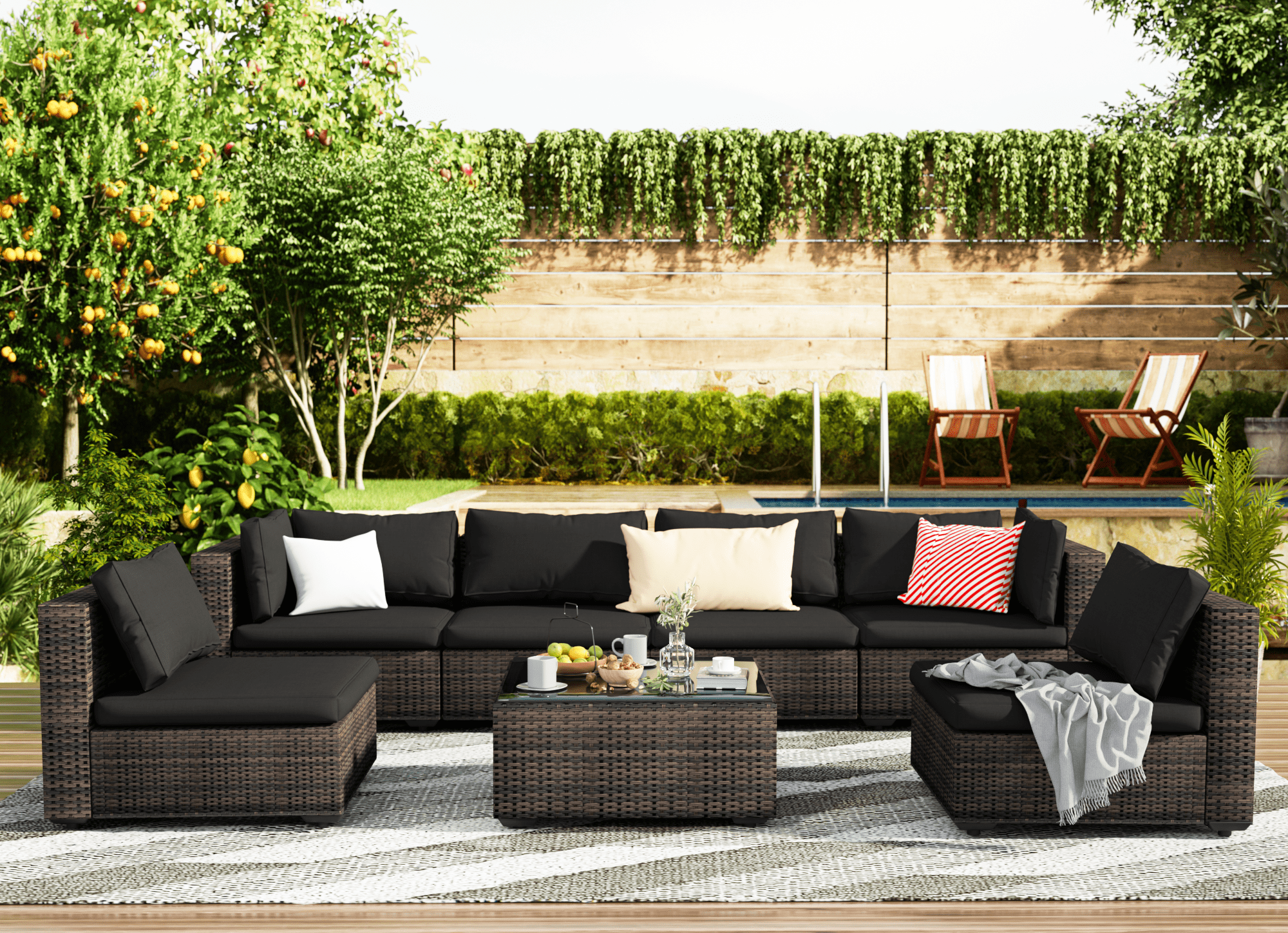 Grezone 7 Patio Outdoor Furniture Wicker Sectional Sofa Couch Lawn Sectional, Black - Radiant Selections